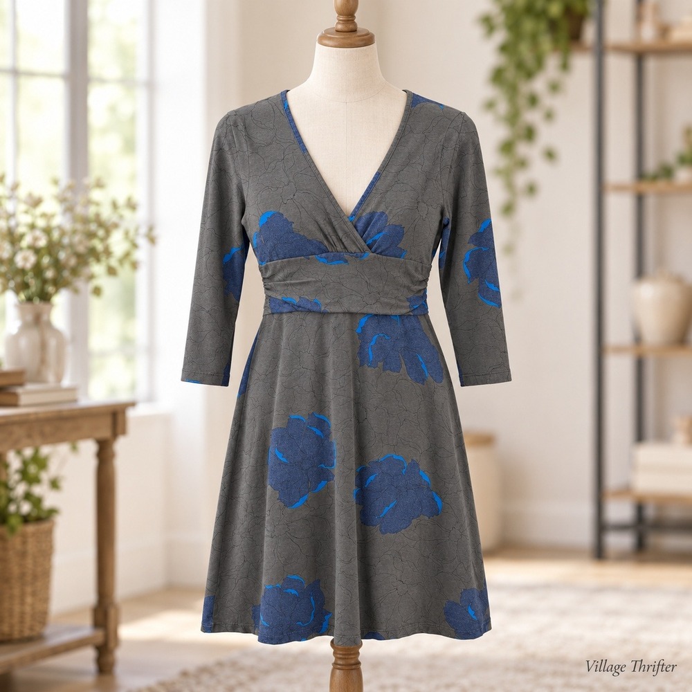 Patagonia Dress Womens Small Gray Blue Floral Organic Cotton Faux Wrap A-Line